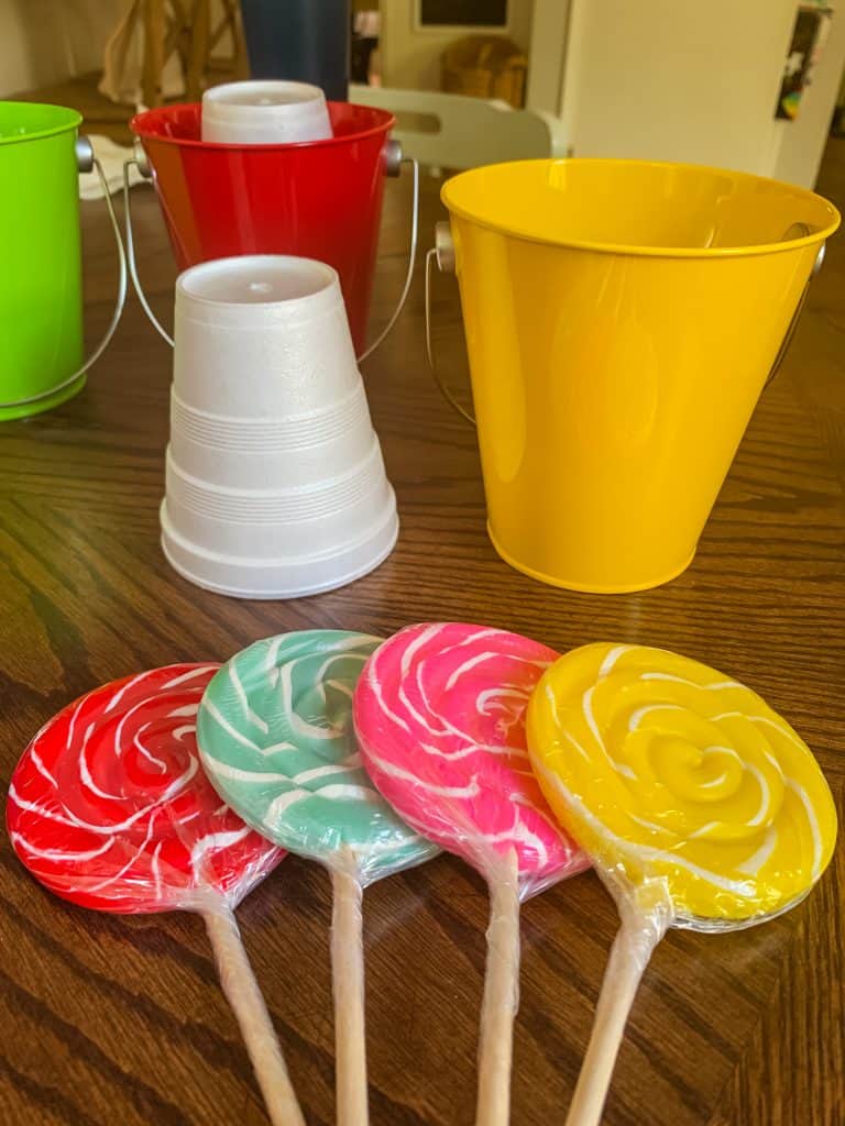 Lollipop Centerpiece Supplies: Styrofoam Cup, Metal Bucket, & Swirly Lollipops
