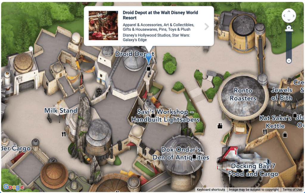 Map of Galaxy's Edge showing the Droid Depot location